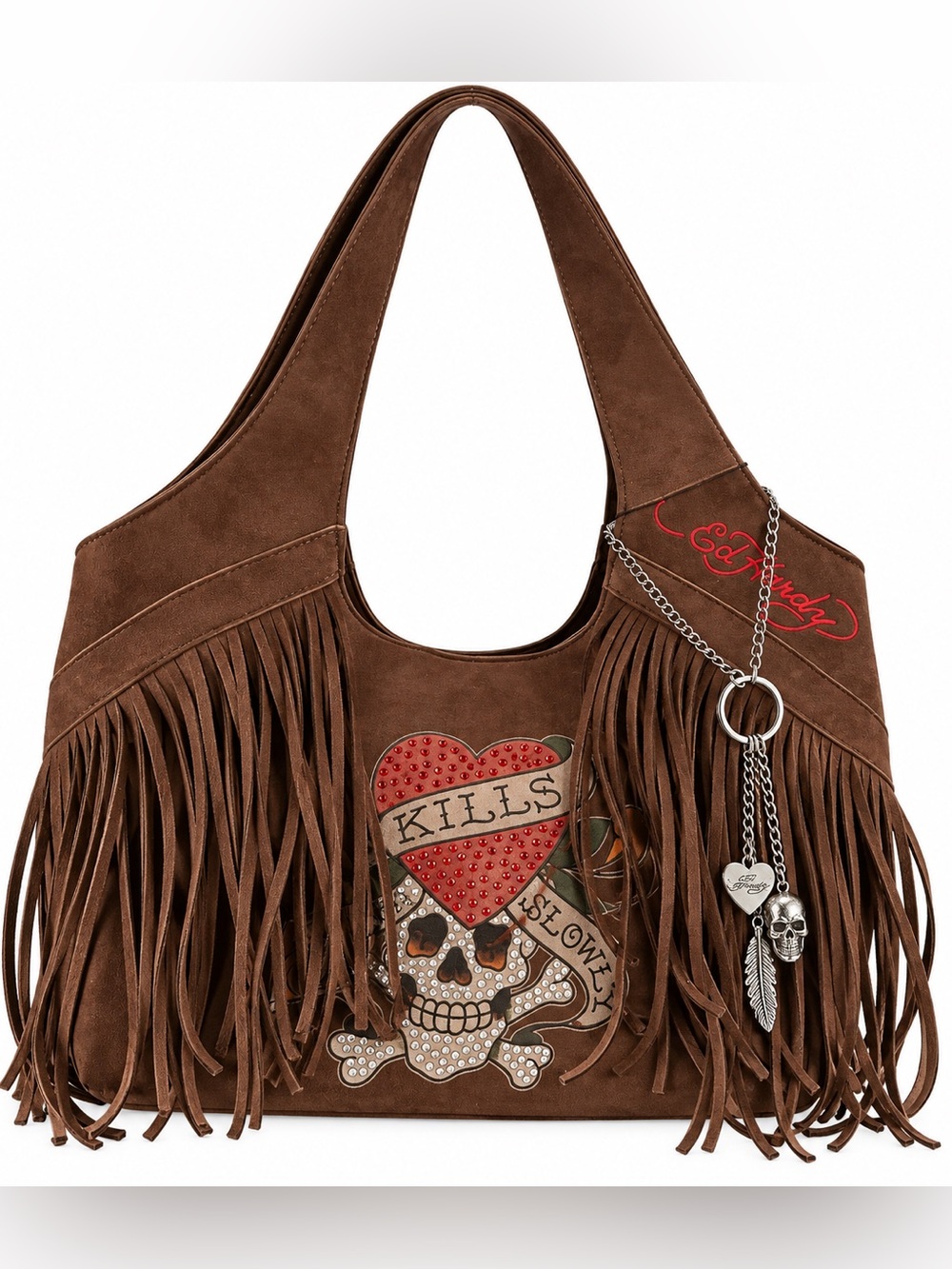Ed Hardy Brown Suede Fringe Hobo with Studded Heart & Skull